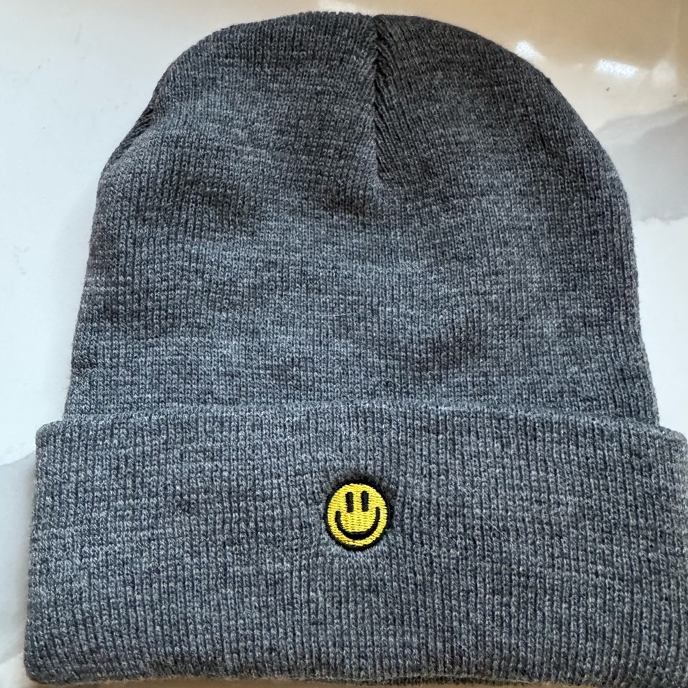 Gray Beanie with Smiley Face